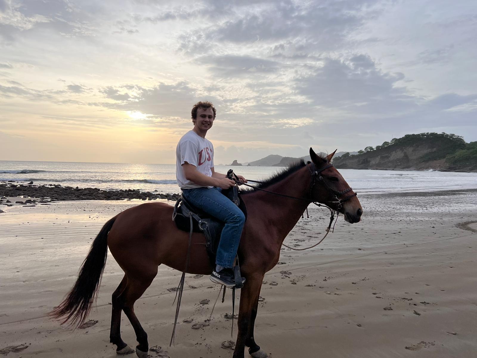 A person riding a horse on the beach.