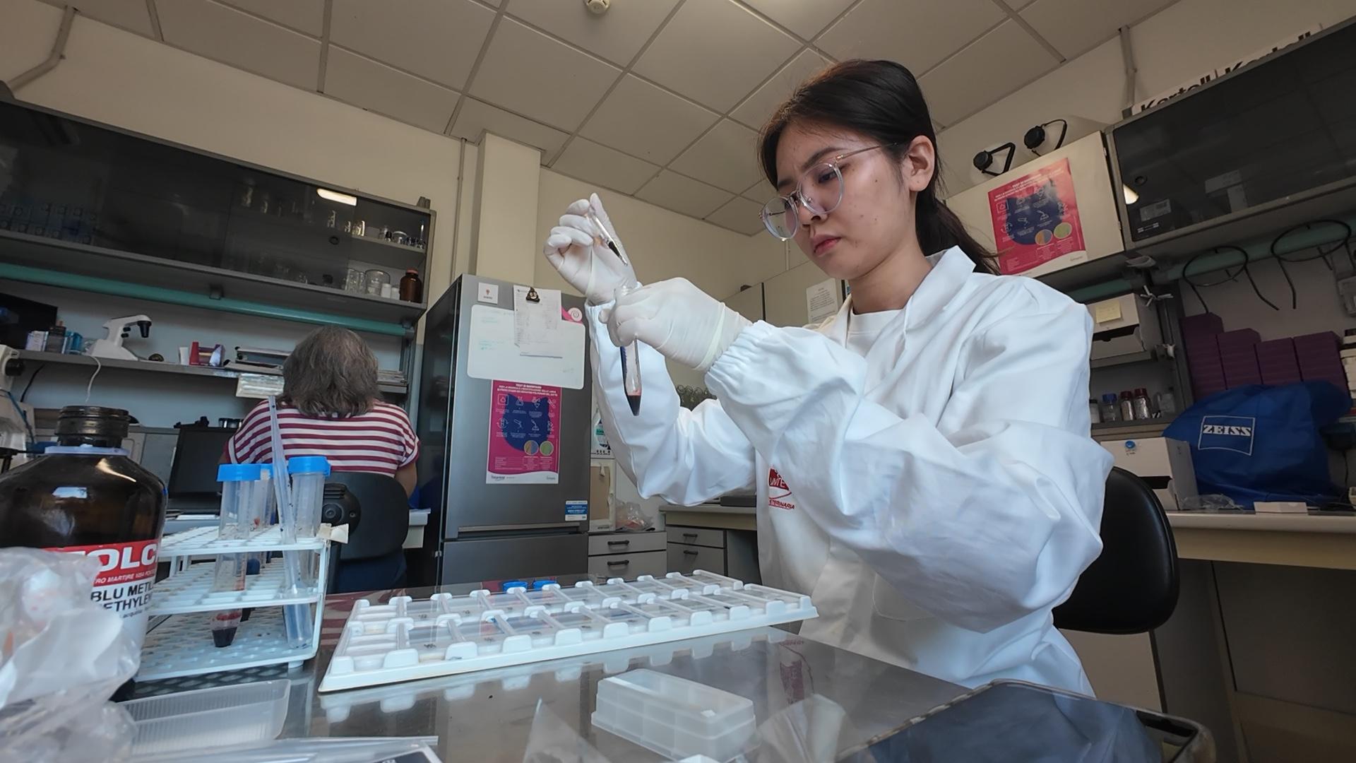 A vet student wearing a lab coat working with a pipette.