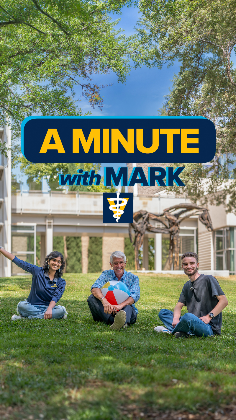 Three people seated on campus lawn with blue 'A Minute with Mark' graphic overlaid