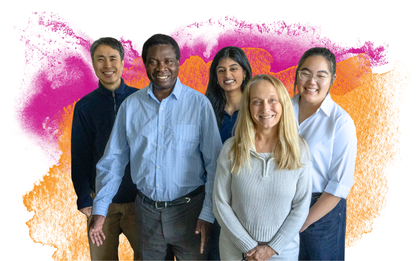 Five researchers in their lab, dressed in street clothes.