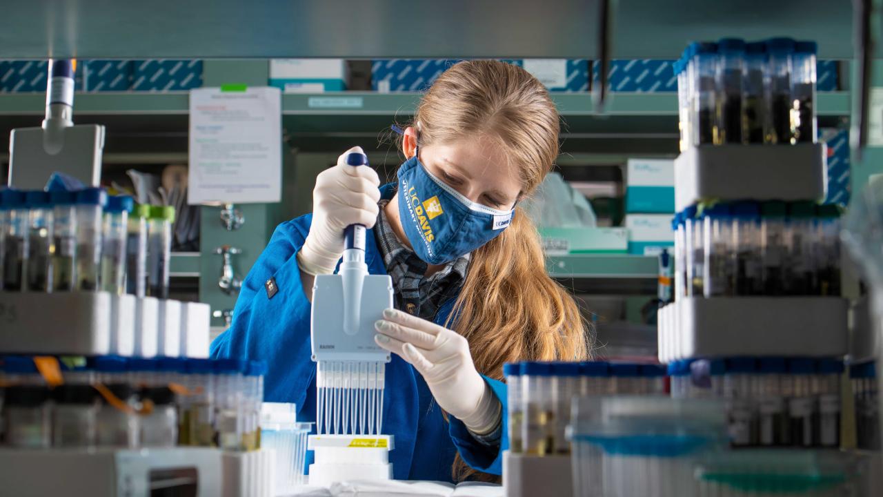 A researcher in blue lab coat uses a pipette in a laboratory surrounded by test tubes.
