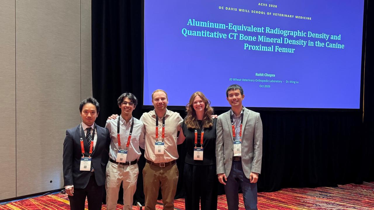 Six smiling conference attendees standing before a blue presentation screen in a hotel ballroom