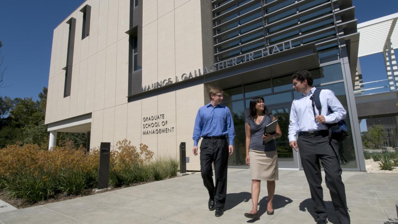 students walking outside the UC Davis Graduate School of Management building
